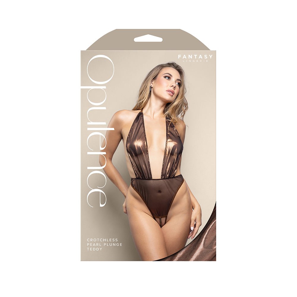 fantasy-lingerie-opulence-crotchless-pearl-plunge-halter-teddy-with-adjustable-pearl-g-string-chocolate-sm Fantasy Lingerie Opulence Crotchless Pearl Plunge Halter Teddy with Adjustable Pearl G-String Chocolate S/M - Image 1