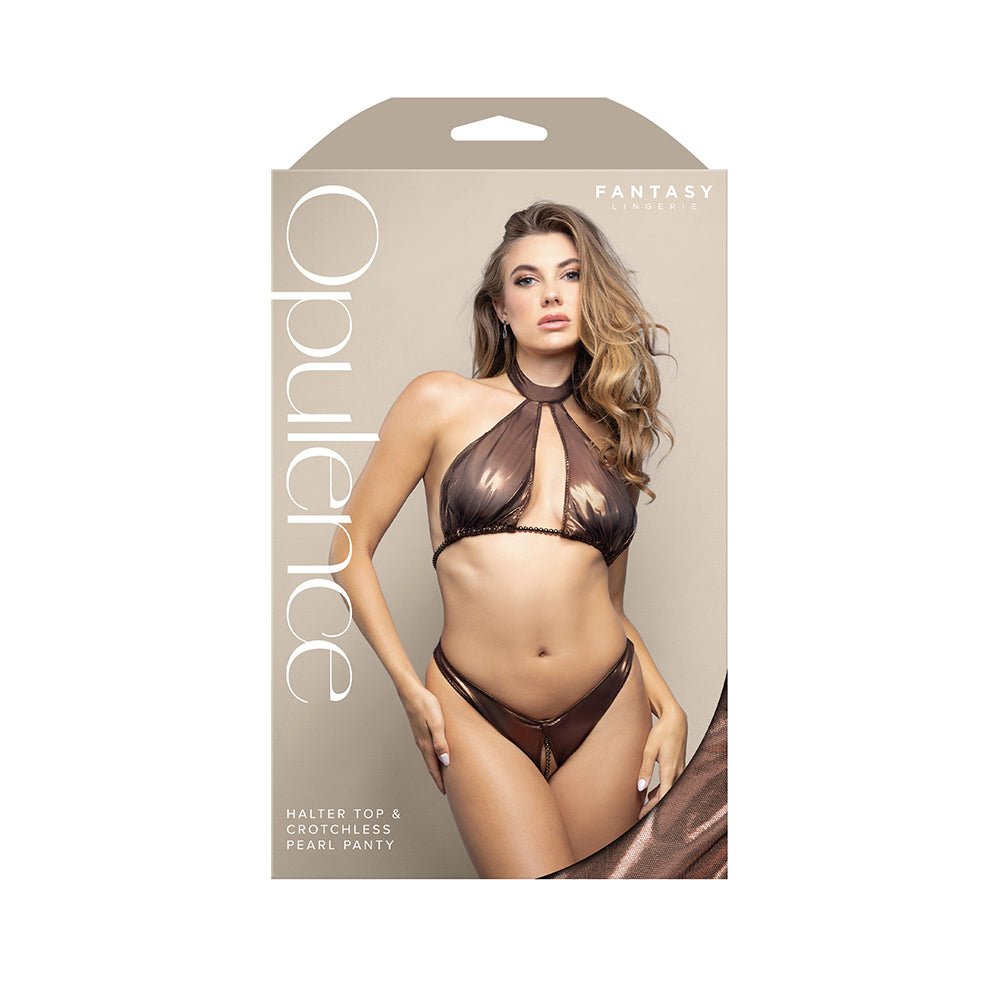 fantasy-lingerie-opulence-pearl-underbust-halter-top-adjustable-pearl-string-open-panty-chocolate-ml Fantasy Lingerie Opulence Pearl Underbust Halter Top & Adjustable Pearl String Open Panty Chocolate M/L - Image 1