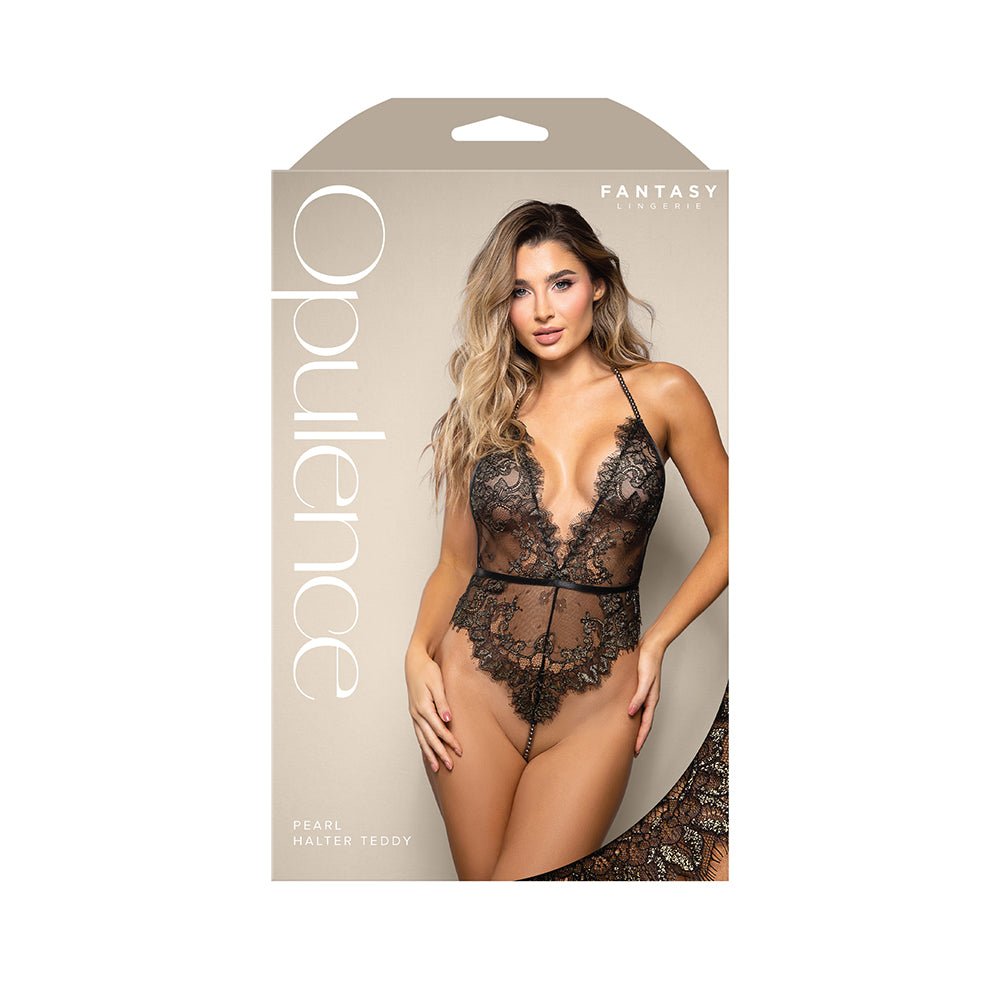 fantasy-lingerie-opulence-shimmer-lace-pearl-halter-teddy-with-open-back-pearl-string-crotch-lxl Fantasy Lingerie Opulence Shimmer Lace Pearl Halter Teddy with Open Back & Pearl String Crotch L/XL - Image 1
