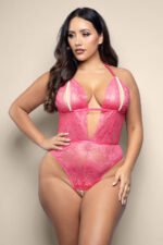 Fantasy Lingerie Opulence Split Pearl Cup Crotchless Teddy with Adjustable Pearl G-String Hot Pink Queen Size - Image 2