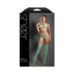 Fantasy Lingerie Sheer Heart Of Glass Lace Knit Halter Tie Top, G-String & Gartered Stockings Set – Seaglass Green