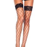 Fence Net Thigh Highs With Lace Top - One Size -  Black