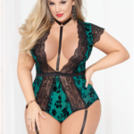 Flocked Mesh Bodysuit W/garter - Green - 1x2x