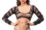 Horizontal Stripes Mesh Crotchless Leggings - One Size- Black