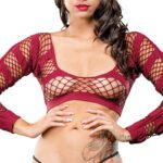 Horizontal Stripes Mesh Crotchless Leggings - One Size- Burgandy