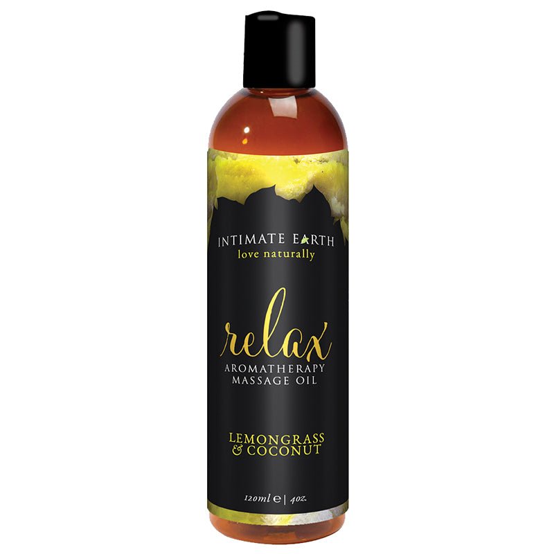 intimate-earth-relax-aromatherapy-massage-oil-lemongrass-coconut-4-oz Intimate Earth Relax Aromatherapy Massage Oil Lemongrass & Coconut 4 oz. - Image 1