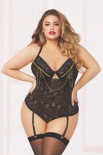 Lace & Zipper Teddy - 1x2x - Black - Image 2