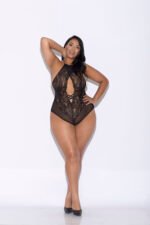 Lace and Mesh Halter Teddy - Queen Size - Black