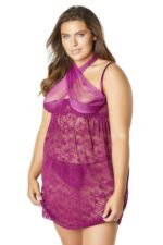 Lace Empire Babydoll With Functional Tie Shelf Cups G-String - Amaranth - 1x2x - Image 3
