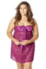 Lace Empire Babydoll With Functional Tie Shelf Cups G-String - Amaranth - 3x4x - Image 2