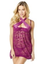 Lace Empire Babydoll With Functional Tie Shelf Cups G-String - Amaranth - L/xl - Image 2
