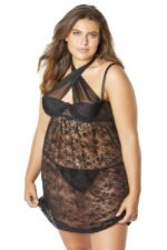 Lace Empire Babydoll With Functional Tie Shelf Cups G-String - Black - 3x/4x - Image 2