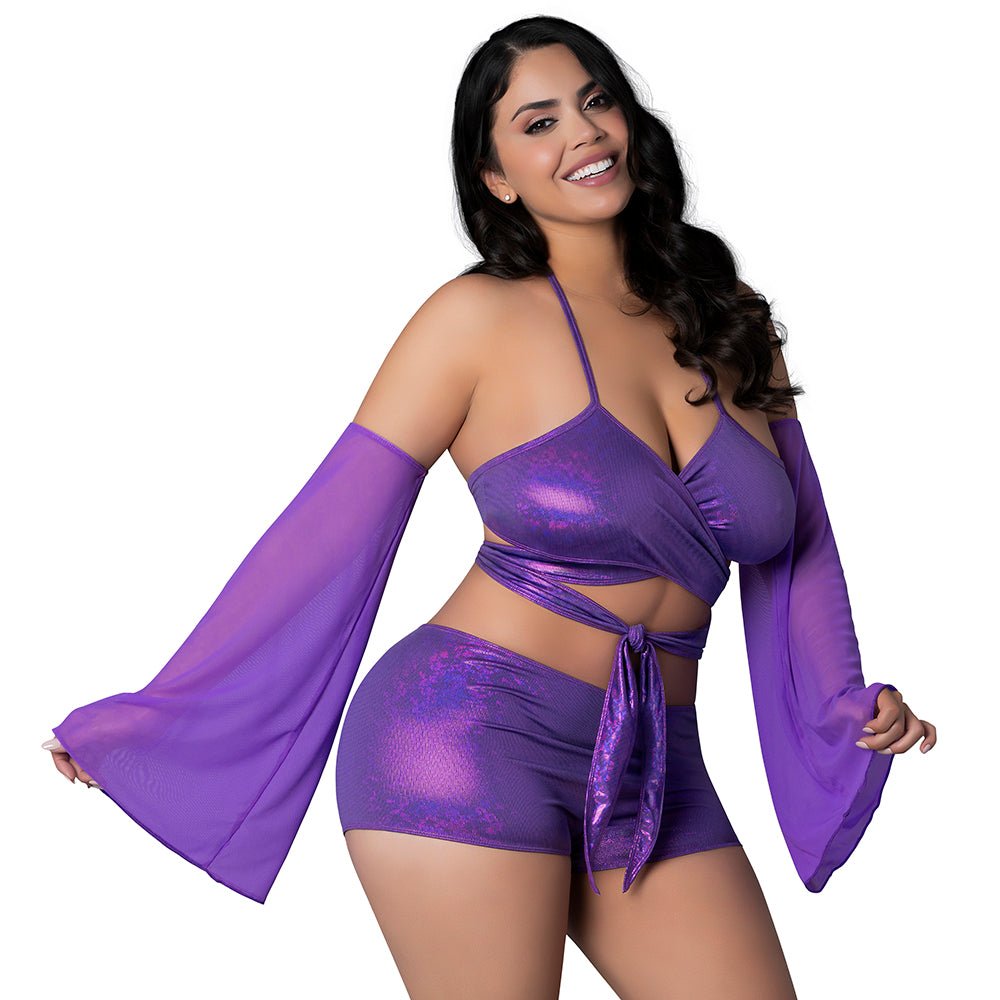 magic-silk-glimmer-wrap-bralette-booty-shorts-sleeve-set-purple-disco-queen-size Magic Silk Glimmer Wrap Bralette, Booty Shorts & Sleeve Set Purple Disco Queen Size - Image 1