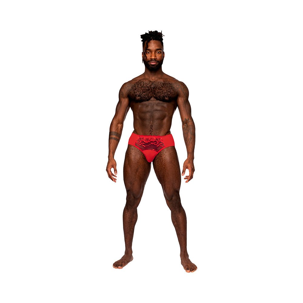 male-power-sassy-lace-bikini-solid-pouch-red-l Male Power Sassy Lace Bikini Solid Pouch Red L - Image 1