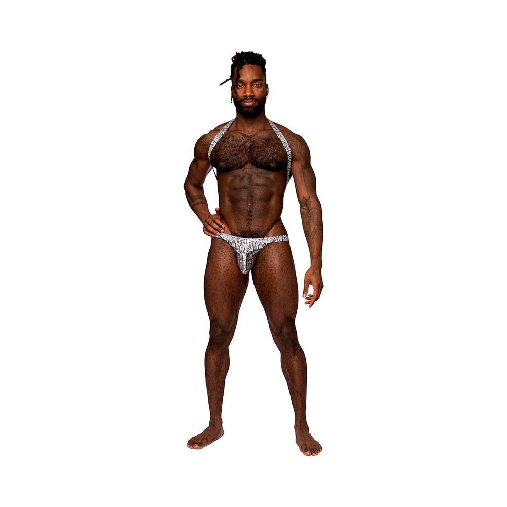 male-power-snaked-shoulder-sling-harness-thong-one-piece-silverblack-sm Male Power S''naked Shoulder Sling Harness Thong One-Piece Silver/Black S/M - Image 1