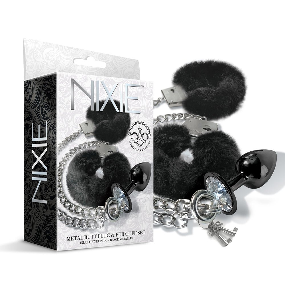 nixie-metal-butt-plug-furry-handcuff-set-medium-black NIXIE Metal Butt Plug & Furry Handcuff Set Medium Black - Image 1