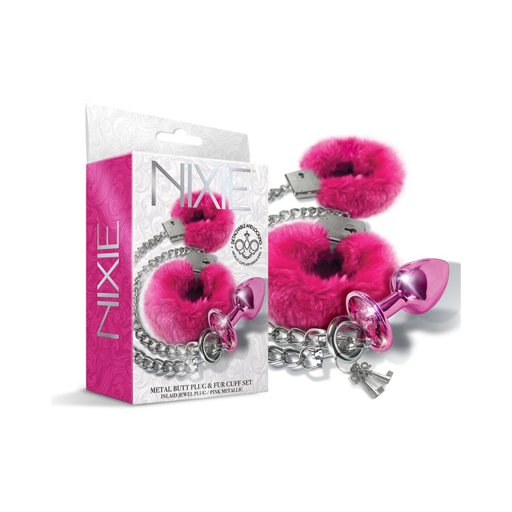 nixie-metal-butt-plug-furry-handcuff-set-medium-pink-metallic Nixie Metal Butt Plug & Furry Handcuff Set Medium Pink Metallic - Image 1