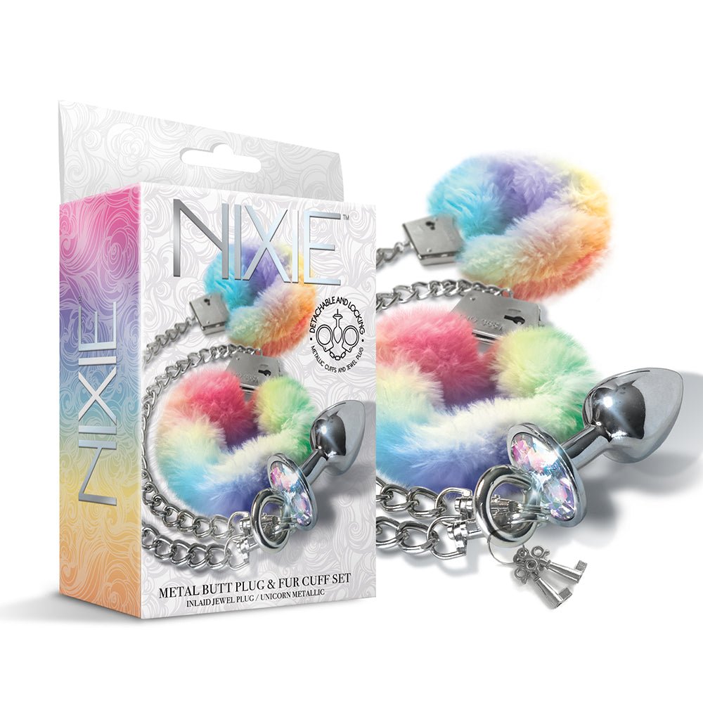 nixie-metal-butt-plug-furry-handcuff-set-mediumunicorn NIXIE Metal Butt Plug & Furry Handcuff Set Medium Unicorn - Image 1