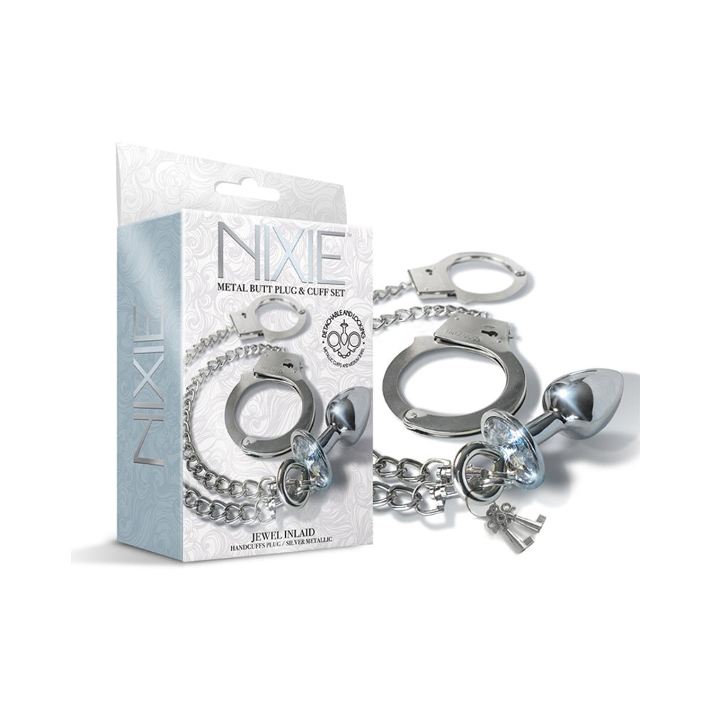 nixie-metal-butt-plug-handcuffs-set-silver Nixie Metal Butt Plug & Handcuffs Set Silver - Image 1