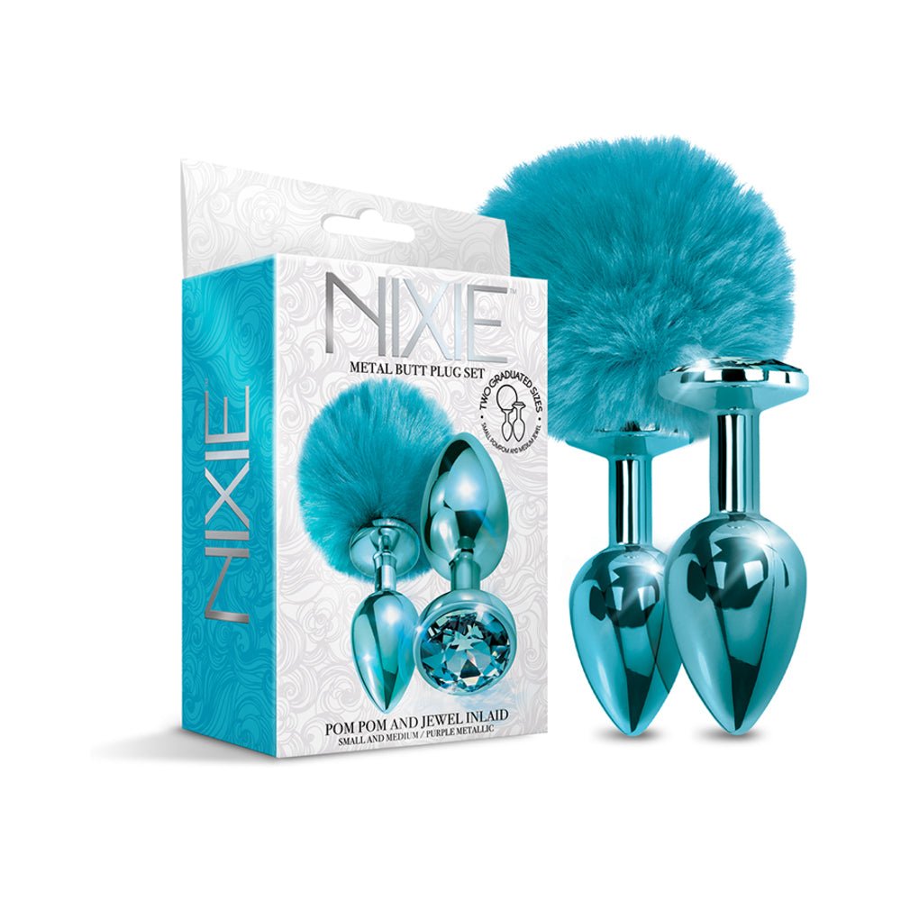 nixie-metal-butt-plug-set-pom-pom-and-jewel-inlaid-metallic-blue NIXIE Metal Butt Plug Set Pom Pom and Jewel-Inlaid Metallic Blue - Image 1