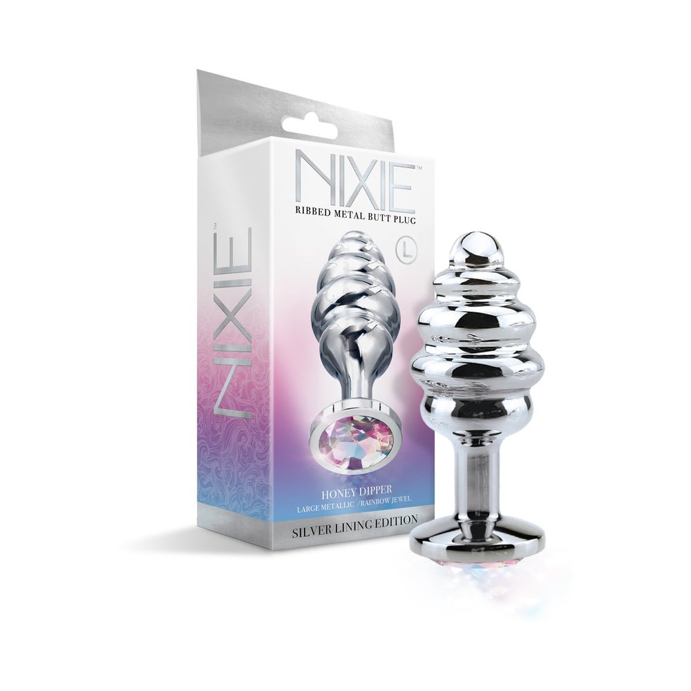 nixie-ribbed-metal-butt-plug-honey-dipper-large Nixie Ribbed Metal Butt Plug Honey Dipper Large - Image 1