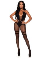 Opaque and Sheer Twist Halter Bodystocking - One Size - Black - Image 2