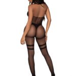 Opaque and Sheer Twist Halter Bodystocking - One Size - Black