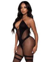 Opaque and Sheer Twist Halter Bodystocking - One Size - Black - Image 3