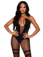 Opaque and Sheer Twist Halter Bodystocking - One Size - Black - Image 5