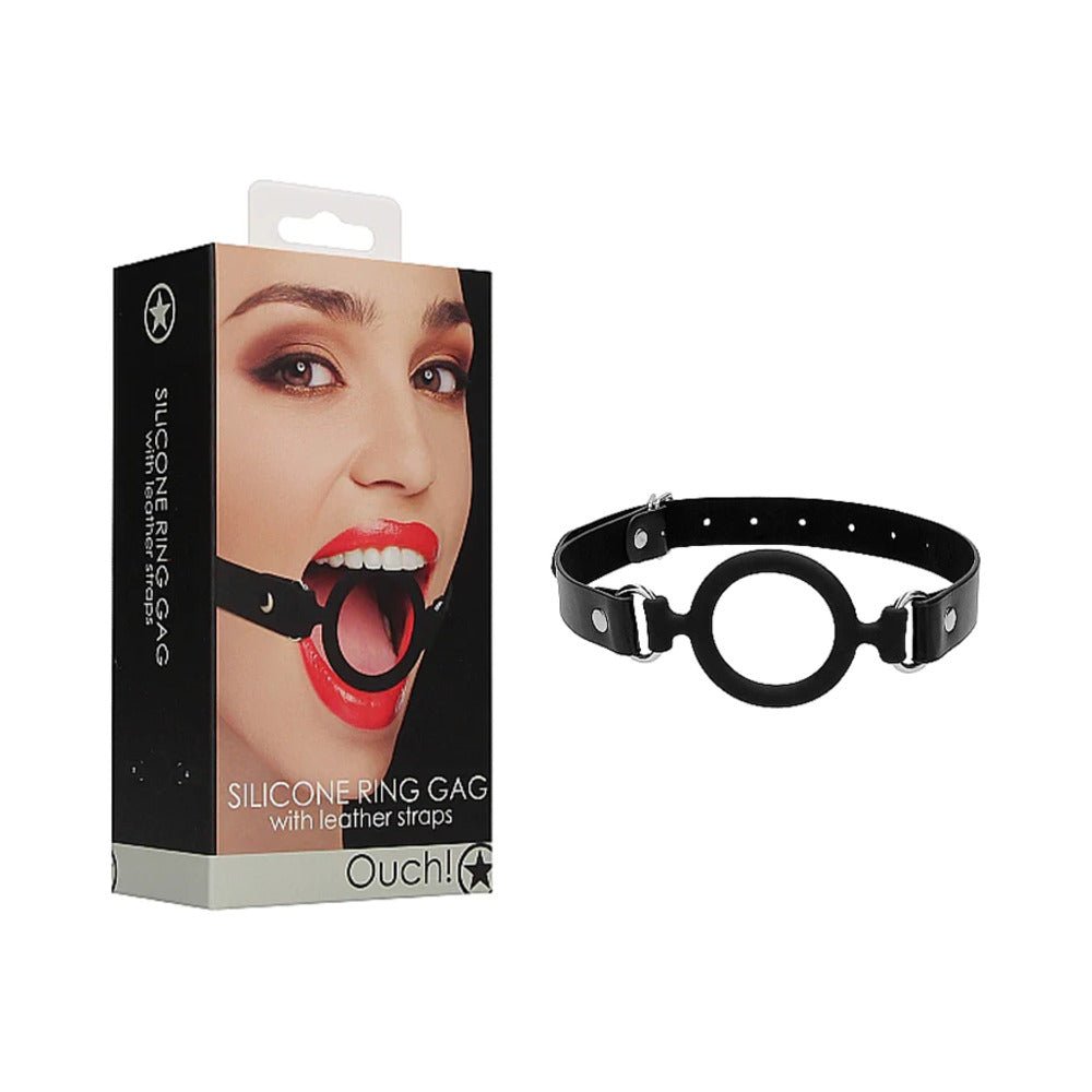 ouch-adjustable-silicone-ring-gag-with-leather-straps-black Ouch! Adjustable Silicone Ring Gag With Leather Straps Black - Image 1