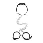 Ouch! Black & White Adjustable Bonded Leather Collar With Hand Cuffs & Chain Black - Image 5