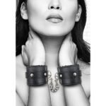 Ouch! Black & White Adjustable Plush Bonded Leather Hand Cuffs Black - Image 7