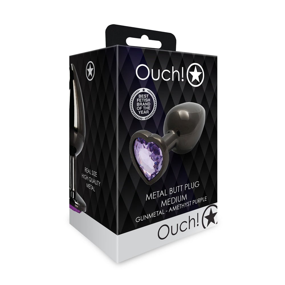 ouch-heart-gem-butt-plug-medium-gunmetalamethyst Ouch! Heart Gem Butt Plug Medium Gunmetal/Amethyst - Image 1