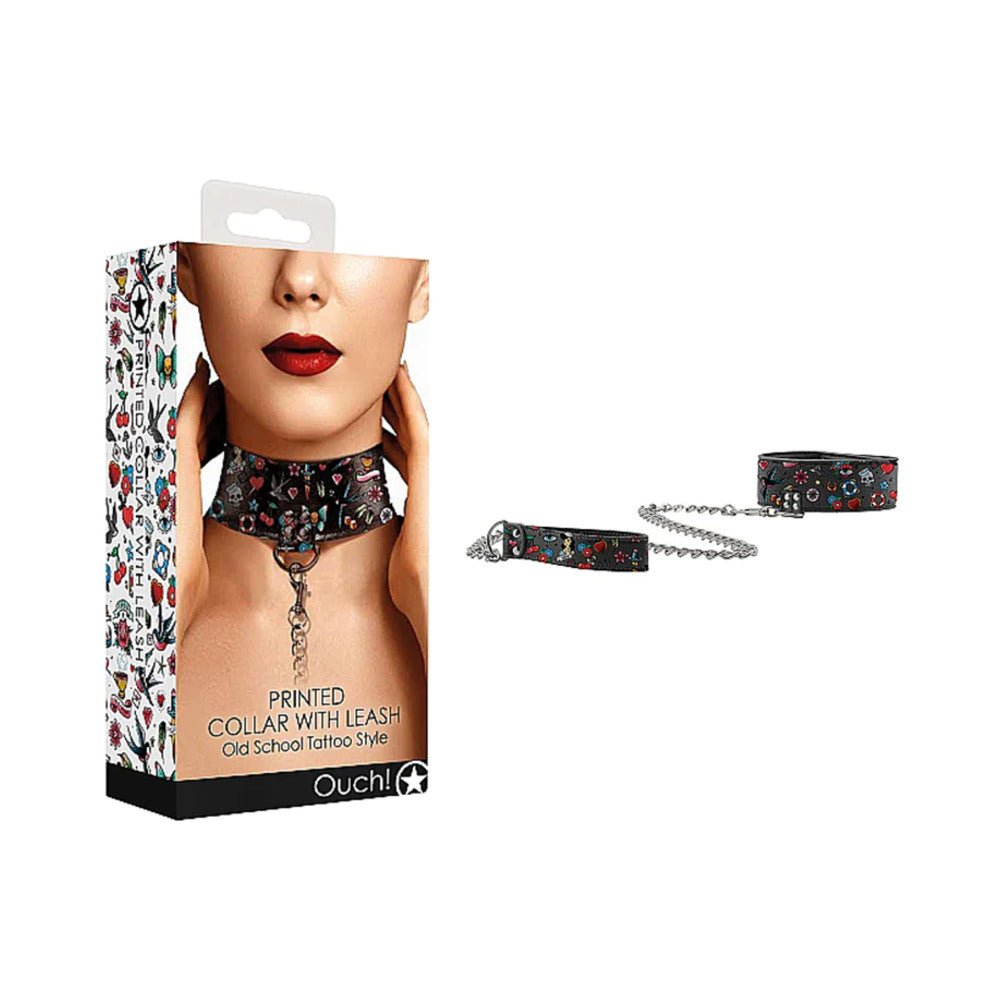 ouch-old-school-tattoo-style-adjustable-printed-collar-with-leash-multi-color Ouch! Old School Tattoo Style Adjustable Printed Collar With Leash Multi-Color - Image 1