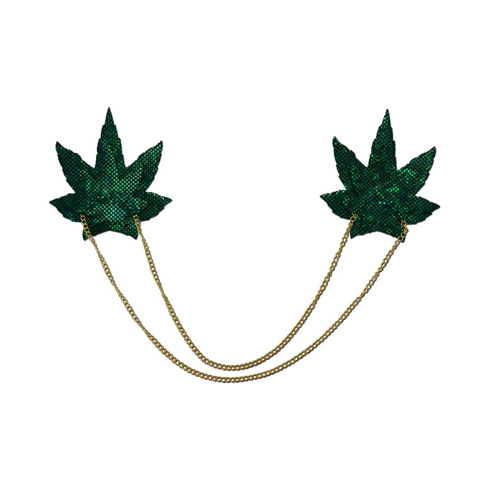 pastease-chains-shattered-glass-disco-ball-green-weed-with-gold-chain-pasties Pastease Chains: Shattered Glass Disco Ball Green Weed with Gold Chain Pasties - Image 1