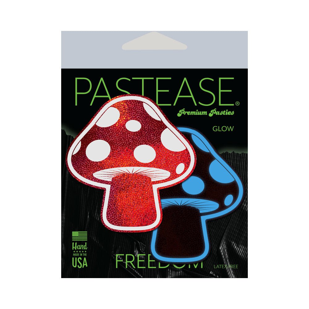 pastease-mushroom-shiny-red-white-glow-in-the-dark-shroom-nipple-pasties Pastease Mushroom: Shiny Red & White Glow-in-the-Dark Shroom Nipple Pasties - Image 1