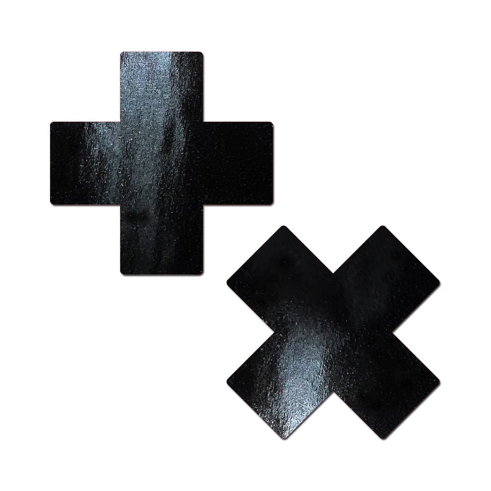 pastease-plus-x-faux-latex-pleather-vinyl-black-cross-pasties Pastease Plus X: Faux Latex Pleather Vinyl Black Cross Pasties - Image 1