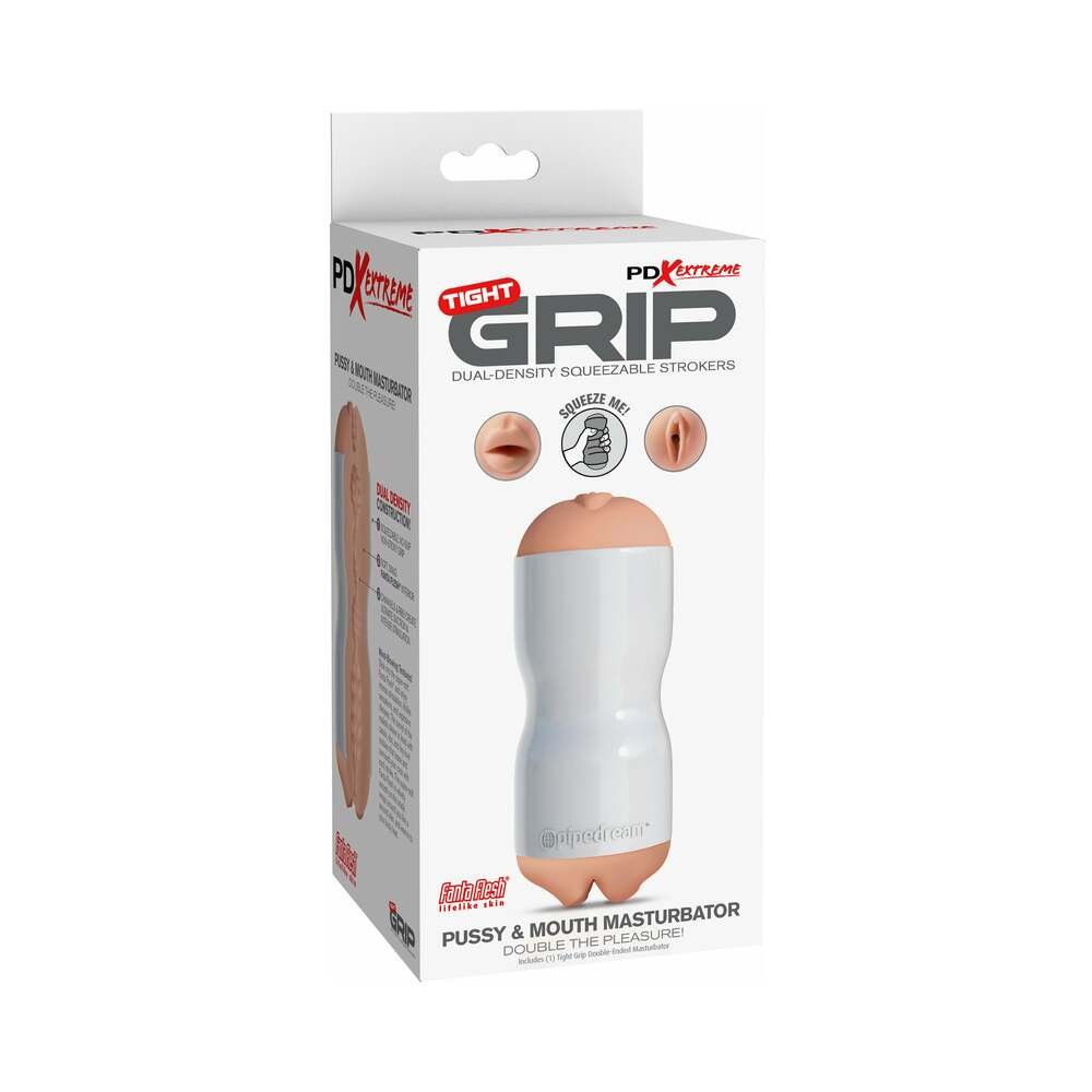 pdx-tight-grip-pussy-mouth-dual-density-squeezable-masturbator-beigewhite PDX Tight Grip Pussy & Mouth Dual Density Squeezable Masturbator Beige/White - Image 1