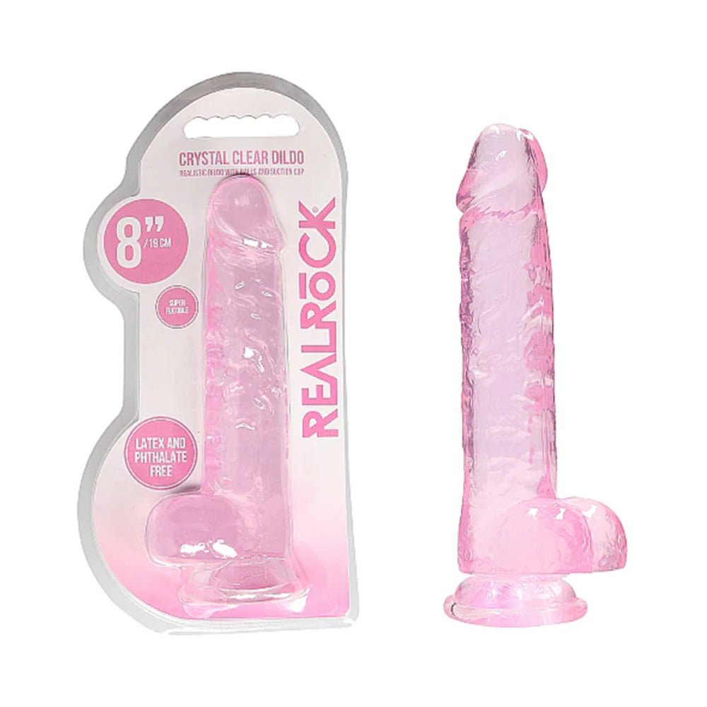 realrock-crystal-clear-realistic-8-in-dildo-with-balls-and-suction-cup-pink RealRock Crystal Clear Realistic 8 in. Dildo With Balls and Suction Cup Pink - Image 1