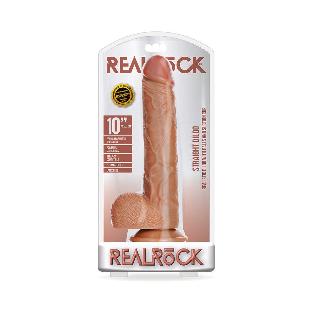 realrock-realistic-10-in-straight-dildo-with-balls-and-suction-cup-tan RealRock Realistic 10 in. Straight Dildo With Balls and Suction Cup Tan - Image 1