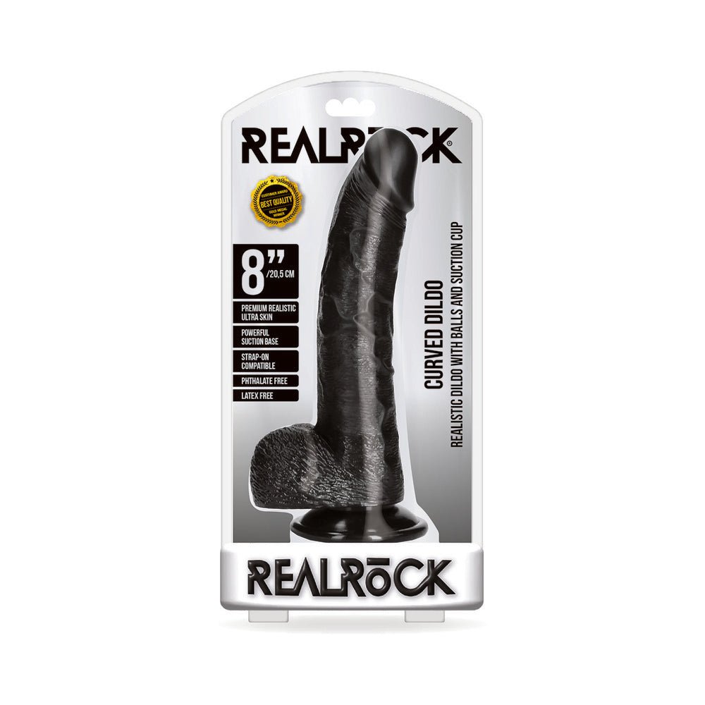 realrock-realistic-8-in-curved-dildo-with-balls-and-suction-cup-black RealRock Realistic 8 in. Curved Dildo With Balls and Suction Cup Black - Image 1