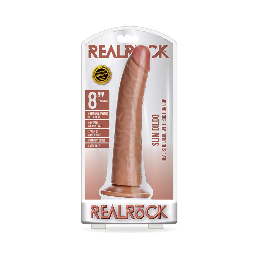 realrock-realistic-8-in-slim-dildo-with-suction-cup-tan RealRock Realistic 8 in. Slim Dildo With Suction Cup Tan - Image 1