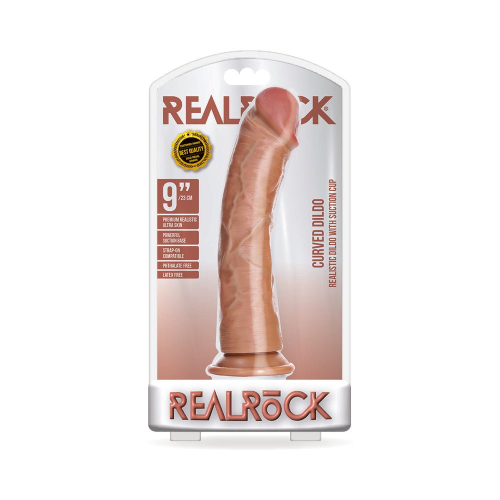 realrock-realistic-9-in-curved-dildo-with-suction-cup-tan RealRock Realistic 9 in. Curved Dildo With Suction Cup Tan - Image 1