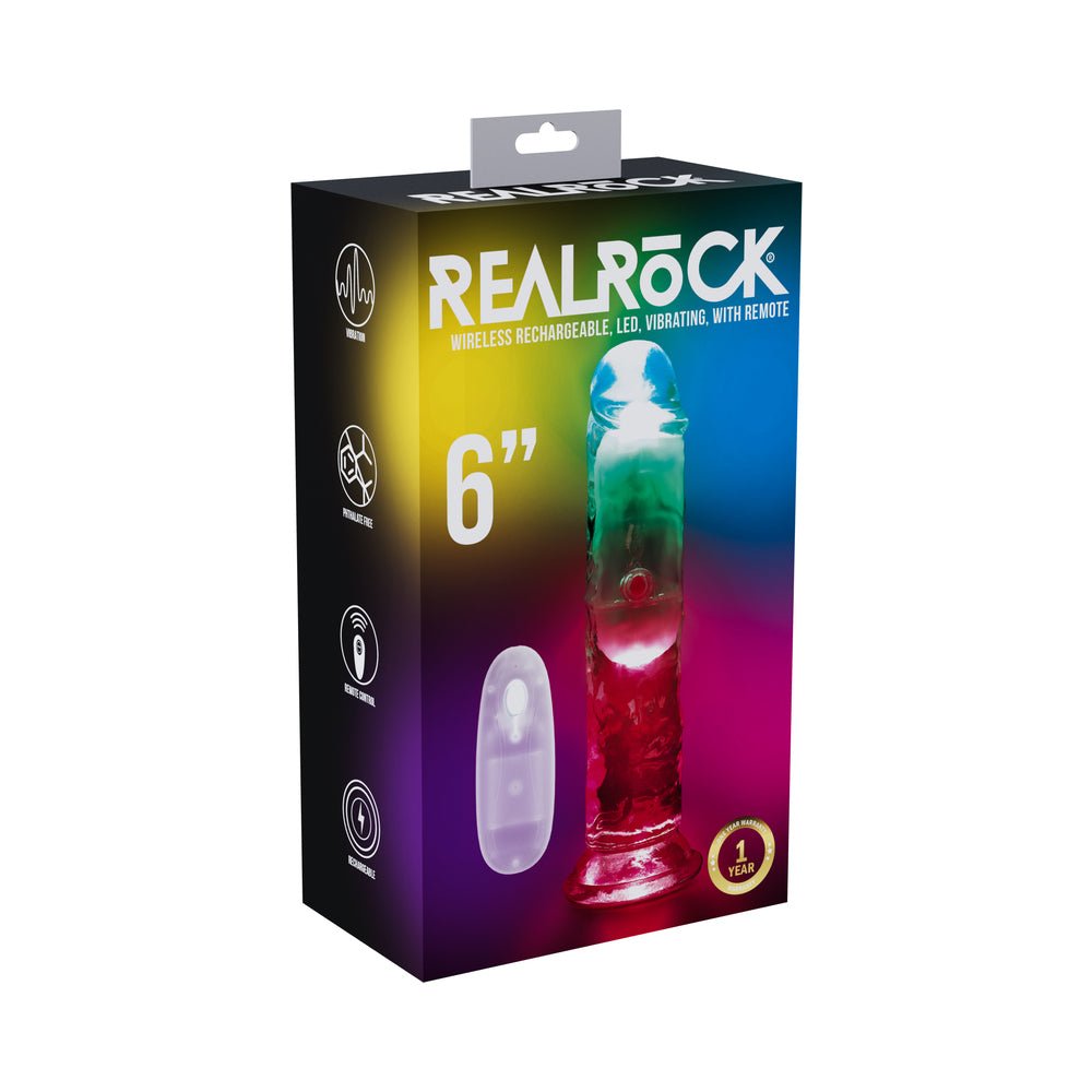 realrock-wireless-rechargeable-remote-control-led-vibrating-6-in-dildo-clear RealRock Wireless Rechargeable Remote Control LED Vibrating 6 in. Dildo Clear - Image 1