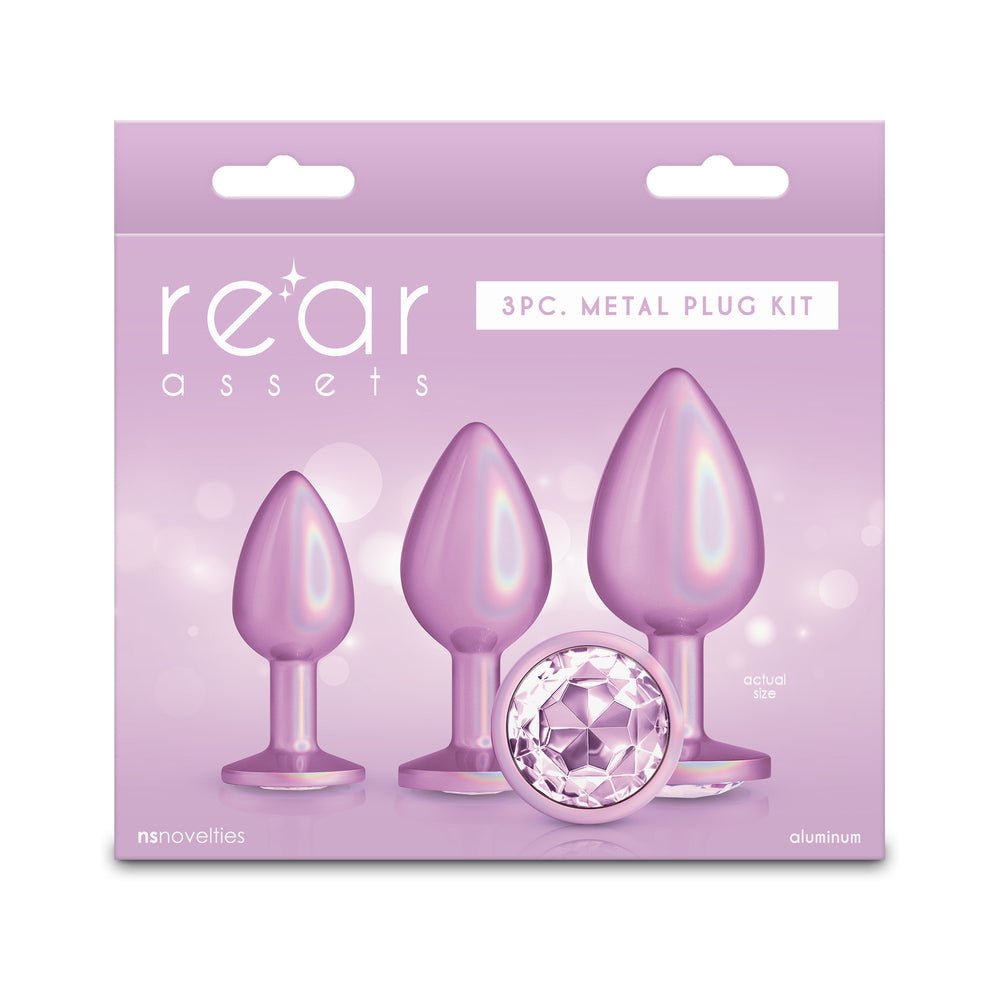 rear-assets-3-piece-metal-plug-kit-iridescent-pink-with-pink-gem Rear Assets 3-Piece Metal Plug Kit Iridescent Pink with Pink Gem - Image 1