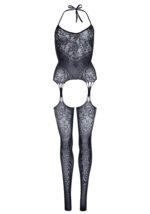 Seamless Lace Jacquard Net Suspender Bodystocking  - 1x/2x - Black - Image 3
