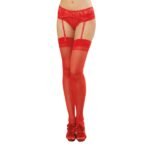 Sheer Thigh High Stockings with Back Seam – Red, One Size - Image 2