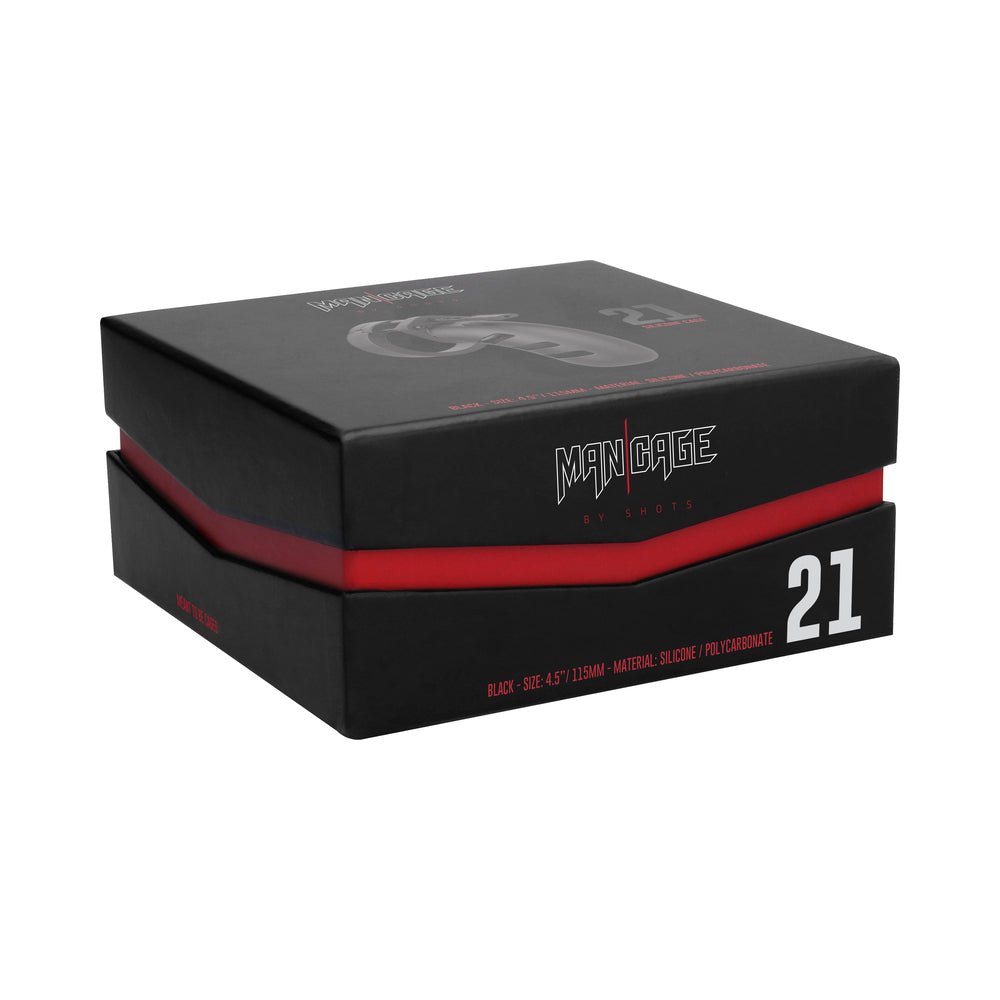 shots-mancage-model-21-adjustable-45-in-silicone-chastity-cock-cage-black Shots ManCage Model 21 Adjustable 4.5 in. Silicone Chastity Cock Cage Black - Image 1