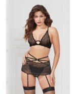 Three Piece Floral Lace Bra, Skirt, and G-String  Set - One Size - Black - Image 2