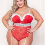 Rhinestone Studded Mesh Teddy With Marabou Trim - X-Large - Red